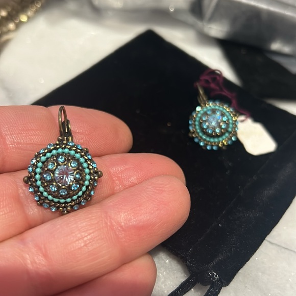 Vintage Sapphire & Turquoise Crystal Euro Wire Medallion Earrings-Boutique - Picture 5 of 7